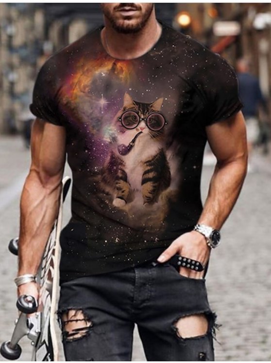 Cats Casual Mens 3D Shirt | Black Summer Cotton | Men'S Tee Funny Shirts Animal Crew Neck 3D Print Plus Size Daily Short Sleeve Clothing Apparel Designer Basic Slim Fit Big